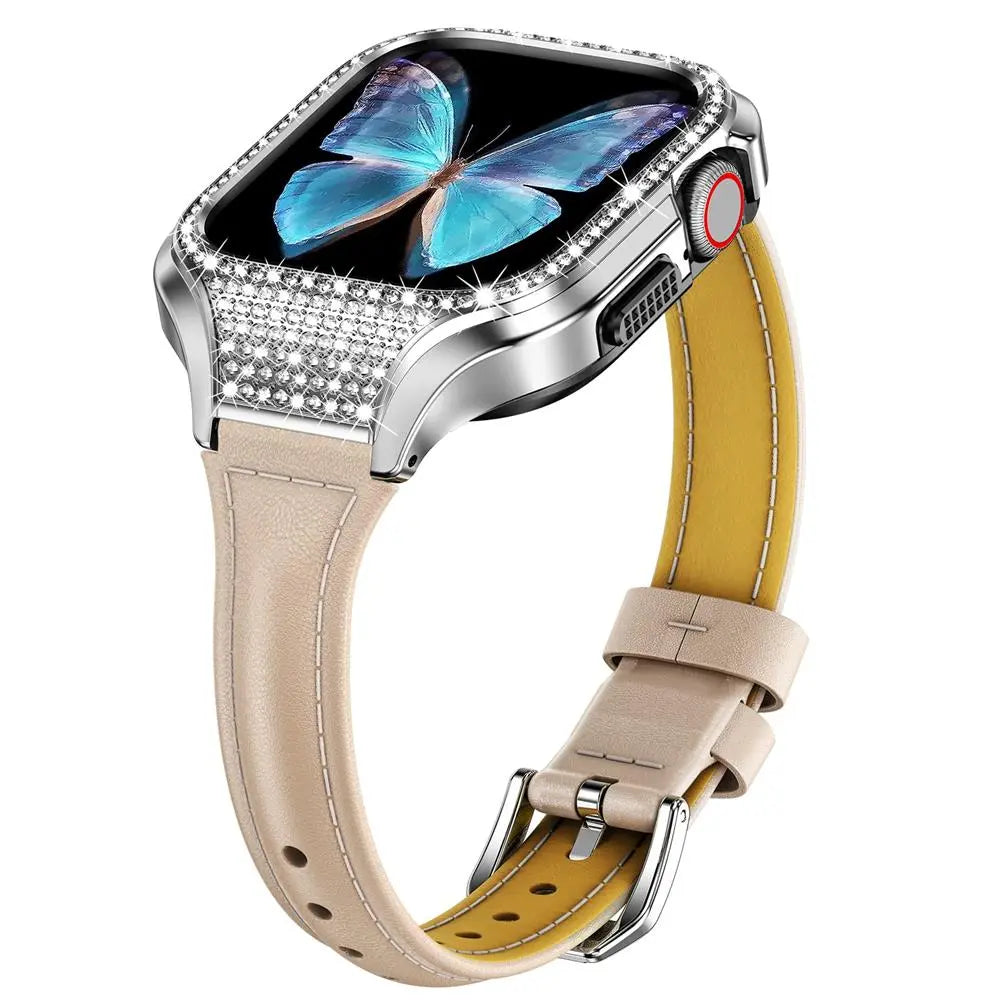 Diamond Luxe Steel Case and Leather Band for Apple Watch - Pinnacle Luxuries